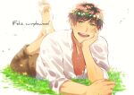  1boy axis_powers_hetalia barefoot brown_hair brown_pants capri_pants closed_mouth collarbone commentary_request elbow_rest eyebrows_visible_through_hair full_body grass green_eyes hagimorijia head_wreath highres looking_at_viewer lying male_focus on_stomach pants shirt short_hair simple_background sleeves_rolled_up smile soles solo spain_(hetalia) spanish_text teeth translated white_background white_shirt 