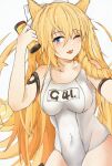  1girl animal_ears bangs blonde_hair blue_eyes blush breasts character_name collarbone competition_swimsuit covered_navel eyebrows_visible_through_hair g41_(beach_punk_2064)_(girls&#039;_frontline) g41_(girls&#039;_frontline) girls&#039;_frontline highres holding long_hair looking_at_viewer medium_breasts official_alternate_costume one-piece_swimsuit one_eye_closed open_mouth solo swimsuit umber00 upper_body white_background white_swimsuit 