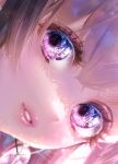  1girl bangs blurry close-up depth_of_field eyelashes face highres lips looking_to_the_side makeup onenechan original overexposure parted_lips purple_eyes solo 