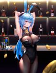  ahoge alternate_costume animal_ears areolae armpits arms_behind_head arms_up bangs bar bare_arms bell black_legwear black_leotard black_power-98-1-15 blue_hair blush breasts coin covered_navel drink flower ganyu_(genshin_impact) genshin_impact horns large_breasts leotard light_smile long_hair looking_at_viewer neck_bell pantyhose playboy_bunny purple_eyes qingxin_flower rabbit_ears reward_available see-through sidelocks solo standing white_flower 