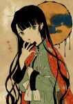 1girl black_hair brown_background chinese_clothes commentary_request dripping green_eyes green_jacket hand_up ink jacket long_hair long_sleeves looking_at_viewer open_mouth original p-suke solo tangzhuang translation_request upper_body 