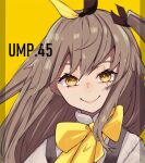  1girl bangs bow bowtie brown_eyes brown_hair character_name commentary girls&#039;_frontline hair_between_eyes hair_ribbon looking_at_viewer official_alternate_costume one_side_up palaiva_0118 ribbon scar scar_across_eye shirt smile solo ump45_(girls&#039;_frontline) ump45_(the_wish-making_sorceress_of_fireworks)_(girls&#039;_frontline) upper_body white_shirt yellow_background yellow_bow yellow_bowtie yellow_eyes 