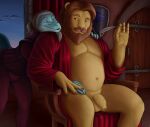  anthro bulge clothed clothing detailed_background dragon duo eyewear facial_hair felid foreskin genitals glasses grey_hair hair hand_on_leg hand_on_thigh hi_res king lion looking_back male male/male mammal medieval musclegut noodlewd pantherine partially_clothed penis royalty sitting slim 