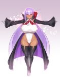  1girl absurdres aster_crowley bangs bb_(fate) bb_(fate/extra) black_coat blush breasts coat dark-skinned_female dark_skin fate/extra fate/extra_ccc fate_(series) full_body gloves glowing glowing_eyes grin hair_ribbon highleg highleg_leotard highres large_breasts leotard long_hair long_sleeves looking_at_viewer neck_ribbon open_clothes open_coat popped_collar purple_eyes purple_hair red_ribbon ribbon smile tan very_long_hair white_gloves white_leotard wide_sleeves 