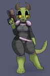  amber_(squablodecomplash) anthro baggy_clothing black_clothing bodysuit bottomwear breasts clothed clothing digital_media_(artwork) facial_markings facial_painting female freckles green_body green_scales gun head_markings hi_res holding_gun holding_object holding_weapon horn horn_markings kobold markings multicolored_body pink_clothing ranged_weapon sabiba_(squablodecomplash) scales scalie shirt simple_background skinsuit smile solo spacesuit squablodecomplash standing tail_markings tight_clothing topwear two_tone_body underwear weapon yellow_eyes 