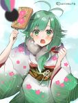  1girl alternate_costume antenna_hair bangs blush floral_print fur_collar green_eyes green_hair hagoita hair_ribbon hane_(hanetsuki) hanetsuki hatomaru_(hatomaru56) holding japanese_clothes kantai_collection kimono long_hair matsu_(kancolle) multicolored_clothes multicolored_kimono one-hour_drawing_challenge open_mouth paddle red_ribbon ribbon simple_background solo upper_body wide_sleeves 