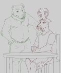  anthro cervid cursed_image duo father hi_res male male/male mammal nervous nervous_sweat parent shirtless sketch son stepfather ursid 