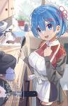  1girl 2022 absurdres akatsuki_(m12778387) apron blue_eyes blue_hair breasts hair_ornament happy_new_year highres holding looking_at_viewer new_year pointing pointing_at_self re:zero_kara_hajimeru_isekai_seikatsu rem_(re:zero) short_hair spoon 