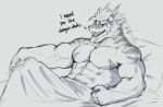  2022 abs alzeaker anthro beard bed bed_covers bedding biceps black_and_white claws dialogue dragon english_text facial_hair fangs finger_claws furniture hair horn male monochrome muscular muscular_anthro muscular_male open_mouth pecs pillow scalie sharp_teeth sketch solo teeth text triceps under 
