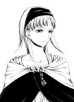  1girl cape closed_mouth collarbone dress gensou_suikoden gensou_suikoden_ii gensou_suikogaiden hairband jewelry long_hair monochrome moon sakai_(motomei) sierra_mikain simple_background solo white_background 