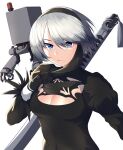  1girl absurdres bangs black_dress blue_eyes breasts cleavage closed_mouth dress eyebrows_visible_through_hair hairband highres kaicchi katana looking_at_viewer medium_breasts mole mole_under_mouth nier_(series) nier_automata short_hair silver_hair solo sword sword_behind_back upper_body weapon white_background yorha_no._2_type_b 