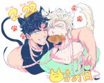  2boys animal_ears battle_tendency black_hair blonde_hair blue_eyes caesar_anthonio_zeppeli cat_day cat_ears cat_tail claws facial_mark food green_eyes jojo_no_kimyou_na_bouken joseph_joestar joseph_joestar_(young) kemonomimi_mode kock_k male_focus mouth_hold multiple_boys neck_ribbon one_eye_closed ribbon slit_pupils tail taiyaki triangle_print wagashi 