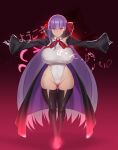  1girl absurdres aster_crowley bangs bb_(fate) bb_(fate/extra) black_coat blush breasts coat fate/extra fate/extra_ccc fate_(series) full_body gloves glowing glowing_eyes grin hair_ribbon highleg highleg_leotard highres large_breasts leotard long_hair long_sleeves looking_at_viewer neck_ribbon open_clothes open_coat popped_collar purple_eyes purple_hair red_ribbon ribbon smile very_long_hair white_gloves white_leotard wide_sleeves 