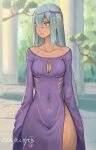  1girl absurdres blue_eyes blue_hair blurry branch breasts center_opening cleavage_cutout clothing_cutout column coronet cowboy_shot dark_skin day depth_of_field dress elf fantasy highres liangzi_tai_hongcha long_hair long_sleeves looking_to_the_side medium_breasts narrow_waist navel off-shoulder_dress off_shoulder original outdoors pillar pointy_ears print_dress purple_dress scar scar_across_eye scar_on_chest scar_on_leg side_slit sleeves_past_fingers sleeves_past_wrists solo stone_floor tassel temple tengwar_text thighs translation_request tree very_long_hair wide_hips 