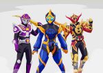  1girl 2boys blue_eyes cobra_(animal) evol_driver gloves highres holding holding_weapon instrument kamen_rider kamen_rider_build_(series) kamen_rider_evol kamen_rider_jeanne kamen_rider_ouja kamen_rider_revice kamen_rider_ryuki_(series) libera_driver multiple_boys orange_armor orange_gloves otokamu purple_armor red_armor staff sword trait_connection venosaber weapon 