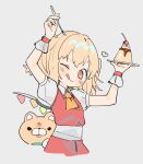  1girl ;q anger_vein animal arms_up ascot bangs blonde_hair cherry cropped_torso crystal flandre_scarlet food fruit gotou_(nekocat) grey_background heart holding looking_at_viewer medium_hair no_hat no_headwear one_eye_closed one_side_up plate pudding red_eyes red_skirt red_vest shirt short_sleeves simple_background skirt smile solo tongue tongue_out touhou upper_body vest white_shirt wings wrist_cuffs yellow_ascot 