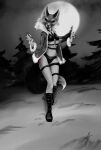  2022 alice_the_vixen anthro breasts canid canine claws clothing coat feet female forest fox fur hi_res mammal monochrome multicolored_body navel open_mouth outside plant small_breasts smile snow solo standing tiny_bunny topwear tree winter winter_coat 