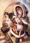  1girl absurdres black_capelet braid breasts brown_gloves brown_hair capelet dog fire frying_pan fur-trimmed_capelet fur_trim gloves highres holding holding_frying_pan hood hood_up hooded_capelet large_breasts numaguro_(tomokun0808) orange_eyes original smile solo twin_braids 