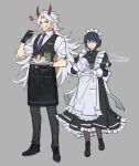  1boy 1girl alternate_costume apron arataki_itto black_dress black_hair black_legwear black_vest breasts cup dress facepaint frilled_apron frilled_dress frills full_body genshin_impact gloves grey_background highres holding horns kujou_sara long_hair long_sleeves maid_headdress multicolored_hair necktie pants papajay_(jennygin2) pointy_ears pouring purple_necktie red_eyes red_hair shirt short_hair simple_background standing symbol-only_commentary teacup teapot tray vest white_apron white_shirt yellow_eyes 