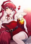  14_(vision5032) 1girl bangs belt bow breasts choker christmas cup gloves hair_ribbon half_gloves hat heart heart_belt heterochromia highres holding holding_cup hololive houshou_marine knee_up large_breasts o3o pillow pom_pom_(clothes) red_choker red_eyes red_hair ribbon ribbon_choker santa_costume santa_hat sitting skull skull_cup solo thighs twintails virtual_youtuber whistling yellow_eyes 