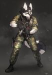  2022 absurd_res anthro assault_rifle black_body black_fur boots bottomwear bulletproof_vest camo canid canine canis clothing elbow_tufts eyebrows eyelashes flashlight footwear fur gloves gun handgun handwear hi_res holster inner_ear_fluff m4a1 male mammal pants pgm300 pistol ranged_weapon rifle scope solo stars_and_stripes tan_eyes tuft united_states_of_america weapon white_body white_fur wolf 