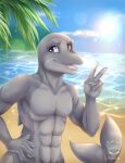  2021 athletic beach bottlenose_dolphin cetacean clothed clothing delphinoid gesture half-length_portrait hi_res kajika_longfin kotezio mammal marine oceanic_dolphin outside portrait pose sea seaside smile standing sun toothed_whale topless v_sign water 