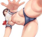  1girl bangs blush breasts brown_eyes brown_hair buruma commentary_request feet_out_of_frame from_below hair_between_eyes looking_at_viewer medium_hair mole mole_on_thigh navel original orizen plump school_uniform short_sleeves simple_background solo tareme thick_thighs thighs white_background 