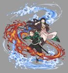  1boy 1girl absurdres belt bit_gag black_hair brother_and_sister brown_hair clenched_teeth earrings fire full_body gag grey_background hair_ribbon haori highres holding holding_sword holding_weapon japanese_clothes jewelry kamado_nezuko kamado_tanjirou kimetsu_no_yaiba kimono long_hair multicolored_hair obi orange_hair papajay_(jennygin2) pink_eyes pink_kimono red_eyes ribbon sash scar scar_on_face sheath siblings simple_background sweat sword symbol-only_commentary teeth water weapon white_belt 