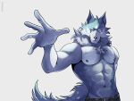  5_fingers abs absurd_res anthro biceps big_muscles blue_body blue_eyes blue_fur bottomwear brand_new_animal canid canine canis claws clothed clothing collar digital_media_(artwork) feet fingers fur fuyiarts hi_res male mammal multicolored_body multicolored_fur muscular muscular_anthro muscular_male neck_tuft nipples pants pecs raised_hand shirou_ogami solo studio_trigger toe_claws toes topless triceps tuft two_tone_body two_tone_fur white_body white_fur wolf 