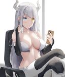 1girl bare_shoulders blue_eyes bra breasts cellphone chair cleavage crossed_legs hands_up heterochromia highres holding horns keenh large_breasts long_hair looking_at_viewer navel off_shoulder office_chair open_bra original pants phone sidelocks sitting smartphone solo stomach underwear very_long_hair white_bra white_hair yellow_eyes 