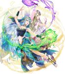  2girls azura_(fire_emblem) bangs blonde_hair blue_eyes breasts capelet detached_collar dress feathered_wings fire fire_emblem fire_emblem:_radiant_dawn fire_emblem_fates fire_emblem_heroes full_body gold_trim green_eyes habit highres holding jewelry kaya8 lene_(fire_emblem) long_hair medium_breasts midriff multiple_girls navel necklace non-web_source official_art pantyhose see-through stomach toes torch transparent_background very_long_hair wings yellow_eyes 