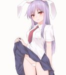  1girl animal_ears bangs blue_skirt clothes_lift commentary cowboy_shot eyebrows_visible_through_hair frown highres lifted_by_self long_hair miyo_(ranthath) necktie panties purple_hair rabbit_ears red_eyes red_necktie reisen_udongein_inaba shirt short_sleeves simple_background skirt skirt_lift solo string_panties touhou underwear white_background white_panties white_shirt 