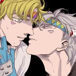  2boys battle_tendency blonde_hair caesar_anthonio_zeppeli dual_persona facial_mark feather_hair_ornament feathers fingerless_gloves gloves green_eyes hair_ornament headband imminent_kiss jojo_no_kimyou_na_bouken kock_k male_focus multiple_boys platinum_blonde_hair red_eyes sweat triangle_print 