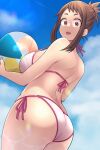  1girl adahcm alternate_costume ass back ball beachball bikini blue_sky boku_no_hero_academia breasts brown_eyes brown_hair caustics cloud cloudy_sky collaboration commentary cowboy_shot curvy from_below half_updo highres holding holding_ball holding_beachball kobaji large_breasts lens_flare looking_at_viewer looking_back medium_hair open_mouth polka_dot polka_dot_bikini side-tie_bikini sideboob sidelocks sky solo standing sunlight swimsuit thighs uraraka_ochako white_bikini 