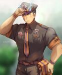  1boy absurdres bara blue_eyes blue_fire blue_hair fiery_hair fire forked_eyebrows highres looking_at_viewer male_focus muscular muscular_male official_alternate_costume scar scar_on_cheek scar_on_face short_hair sideburns slaptokujiro solo thick_eyebrows toji_(housamo) tokyo_afterschool_summoners 