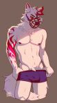  2021 anthro bulge cage_muzzle canid canine clothing digital_media_(artwork) eyebrows eyelashes fur genital_outline hair hi_res junebuq junie_cuties male mammal muzzle_(object) muzzled penis_outline pinup pose red_eyes shirtless solo suggestive teasing undressing 