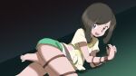  1girl :d absurdres bangs barefoot bdsm bondage bound brown_hair chimu_xingcheng commentary_request eyelashes floral_print green_shorts grey_eyes highres looking_at_viewer lying nervous_smile on_side open_mouth pokemon pokemon_(game) pokemon_sm selene_(pokemon) shibari shirt short_shorts short_sleeves shorts smile solo tied_shirt toes tongue undershirt yellow_shirt 