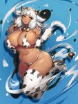  1girl absurdres animal_ears animal_print ash_(fire_emblem) ass bell bikini black_horns blush bottle breasts choker cleavage cow_ears cow_girl cow_print cow_tail cowbell dark-skinned_female dark_skin elbow_gloves fire_emblem fire_emblem_heroes full_body gloves gold_trim gurimjang high_heels highres horns huge_breasts large_breasts milk milk_bottle navel plump red_lips silver_hair swimsuit tail thighs yellow_eyes 