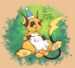  2022 abdominal_bulge animal_genitalia anthro azzyyeen balls belly big_belly biped black_sclera clothing dialogue english_text fan_character front_view fully_sheathed fur genitals hand_on_stomach hat headgear headwear imprint looking_down male marg_(raichu) multicolored_body multicolored_fur nintendo nude open_mouth orange_body orange_fur party_hat pawpads paws pok&eacute;mon pok&eacute;mon_(species) raichu reclining sheath solo struggling text two_tone_body two_tone_fur video_games vore white_body white_eyes white_fur 