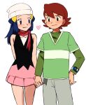  1boy 1girl bangs beanie black_shirt blue_eyes blue_hair blush brown_hair closed_mouth commentary_request dawn_(pokemon) eyelashes green_shirt grey_pants hair_ornament hairclip hand_on_hip hat heart hetero holding_hands kenny_(pokemon) long_hair pants parted_lips pink_skirt pokemon pokemon_(anime) pokemon_dppt_(anime) poketch red_scarf scarf shirt simple_background skirt sleeveless sleeveless_shirt smile undershirt watch white_background white_headwear wristwatch yuraika_(gpch5247) 