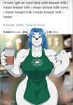  2020 3:4 anthro blue_hair breasts claws clothed clothing detailed_background dialogue english_text female fur green_eyes hair hi_res holding_object i_mean_breast_milk lips long_hair mammal meme ms._cotton muscular muscular_female nipple_piercing nipples partially_clothed piercing polar_bear savageshark simple_background smile solo standing text ursid ursine white_body white_fur 