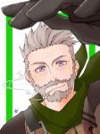  1boy beard belt cigarette facial_hair fate/grand_order fate_(series) foreshortening grey_hair koushirou_(6qc4n0ciwowwies) leather looking_at_viewer male_focus mature_male mustache purple_eyes short_hair smile smoking solo spiked_hair upper_body william_tell_(fate) wrinkled_skin 