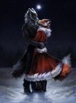  2021 alice_the_vixen andromorph anthro canid canine canis clothing coat duo female fox fur hi_res human hybrid intersex male male/female mammal moon multicolored_body multicolored_fur smile snow standing tiny_bunny topwear winter winter_coat wolf 