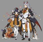  1boy 1girl alternate_costume animal animal_ears arataki_itto belt black_gloves black_hair candle cape cat cat_ears cat_tail closed_mouth cross facepaint genshin_impact gloves grey_background grey_hair grin halloween halloween_bucket halloween_costume hand_on_hip hat highres jack-o&#039;-lantern kujou_sara long_hair long_sleeves multicolored_hair pants papajay_(jennygin2) paw_print pointy_ears red_eyes red_hair shirt short_hair simple_background smile star_(symbol) symbol-only_commentary tail thigh_strap thighhighs vest white_legwear wings witch_hat yellow_eyes 