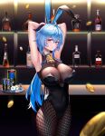  ahoge alternate_costume animal_ears areolae armpits arms_behind_head arms_up bangs bar bare_arms bell black_legwear black_leotard black_power-98-1-15 blue_hair blush breasts coin covered_navel drink fishnet_legwear fishnets flower ganyu_(genshin_impact) genshin_impact horns large_breasts leotard light_smile long_hair looking_at_viewer neck_bell pantyhose playboy_bunny purple_eyes qingxin_flower rabbit_ears reward_available see-through sidelocks solo standing white_flower 