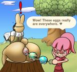 &lt;3 absurd_res anal anal_beads anal_beads_in_ass anal_juice anal_penetration animal_crossing anthro big_butt bodily_fluids bottomless bottomless_anthro bottomless_female butt clothed clothing coco_(animal_crossing) drooling duo easter easter_egg english_text exclamation_point female hair hi_res holidays human humanoid lagomorph leporid mammal nintendo penetration pink_hair plant rabbit reading rear_view saliva scut_tail sex_toy sex_toy_in_ass sex_toy_insertion short_tail sitting supermoonshroom surprised_expression text tree tree_stump video_games villager_(animal_crossing) watermark 