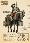  1girl alternate_costume armor breasts chainmail character_name choufu_shimin gangut_(kancolle) gloves helmet holding holding_polearm holding_weapon horse horseback_riding kantai_collection long_hair map medium_breasts polearm reins riding saddle scar scar_on_cheek scar_on_face shield solo stirrups translation_request weapon 