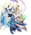  2girls azura_(fire_emblem) bangs blonde_hair blue_eyes breasts capelet detached_collar dress feathered_wings fire fire_emblem fire_emblem:_radiant_dawn fire_emblem_fates fire_emblem_heroes full_body gold_trim green_eyes habit highres holding jewelry kaya8 lene_(fire_emblem) long_hair medium_breasts midriff multiple_girls navel necklace non-web_source official_art pantyhose see-through stomach toes torch transparent_background very_long_hair wings yellow_eyes 