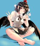  1girl barefoot belt bird_wings black_belt black_hair black_ribbon black_skirt black_wings breasts collared_shirt double_v eyebrows_visible_through_hair feathered_wings frilled_skirt frills greek_toe grin hat highres hizagawa_rau indian_style light_blue_background medium_breasts pointy_ears pom_pom_(clothes) puffy_short_sleeves puffy_sleeves red_eyes red_headwear ribbon shameimaru_aya shirt short_hair short_sleeves simple_background sitting skirt smile soles tengu toes tokin_hat touhou v white_shirt wings 