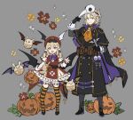  1boy 1girl albedo_(genshin_impact) alternate_costume ascot bangs belt black_coat black_gloves blonde_hair blue_eyes cane cape closed_mouth clover coat cross dress four-leaf_clover frilled_dress frills genshin_impact gloves grey_background halloween halloween_costume hat highres holding jack-o&#039;-lantern klee_(genshin_impact) long_sleeves low_twintails mask mask_on_head open_mouth orange_ascot papajay_(jennygin2) plague_doctor_mask pointy_ears pouch red_eyes red_headwear short_sleeves simple_background sparkle standing striped striped_legwear symbol-only_commentary thighhighs twintails winged_hat wings 